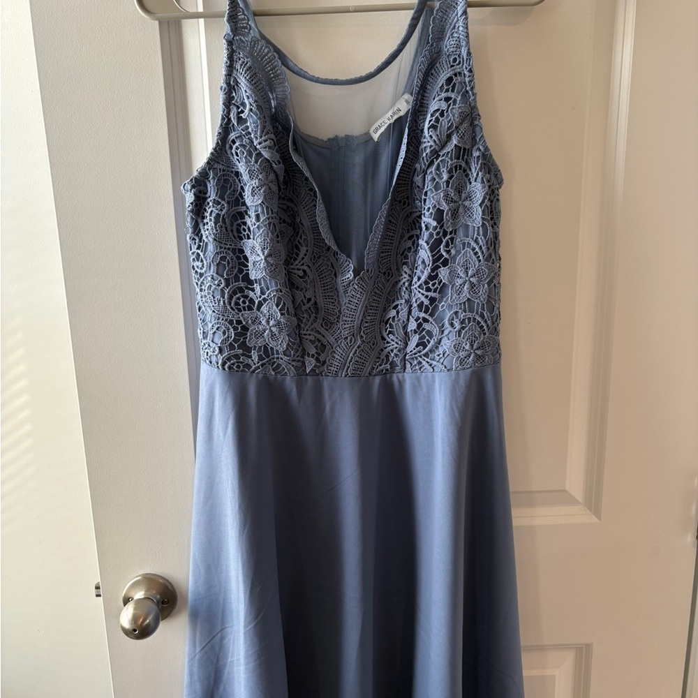 Dusty Blue Lace & Mesh A-Line Dress